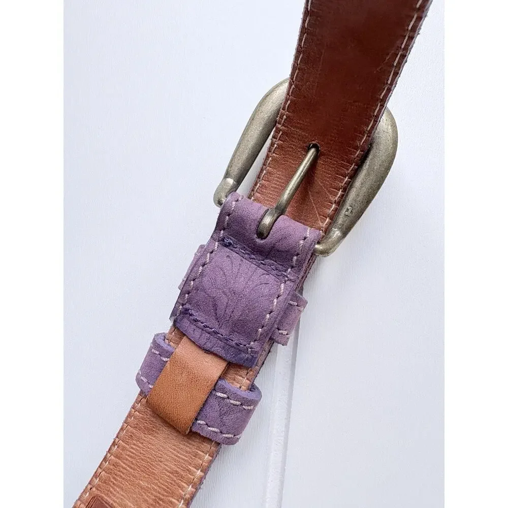 Gap Kids Purple Embossed Floral Genuine Leather Belt Western Boho Size M